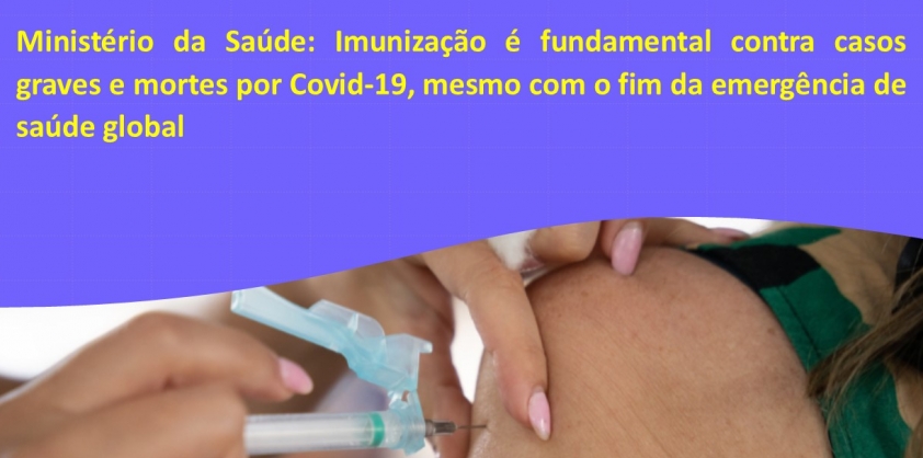 Notícia do Ministério da Saúde. Mão feminina aplicando vacina em um braço de uma mulher